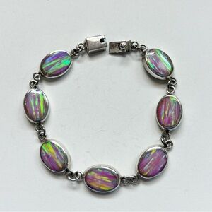 Vintage Iridescent Pink Green Opal Sterling Silver Bracelet